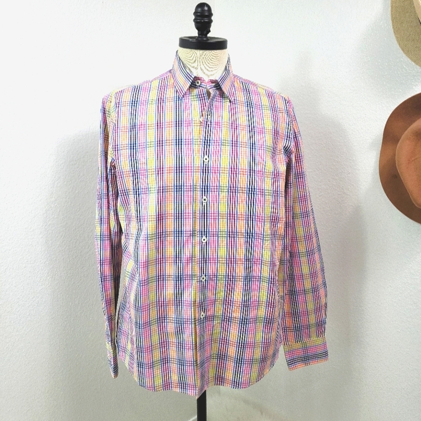 Bugatchi Uomo Multicolor Rainbow Plaid Button Down Shaped Fit Shirt Long Sleeves